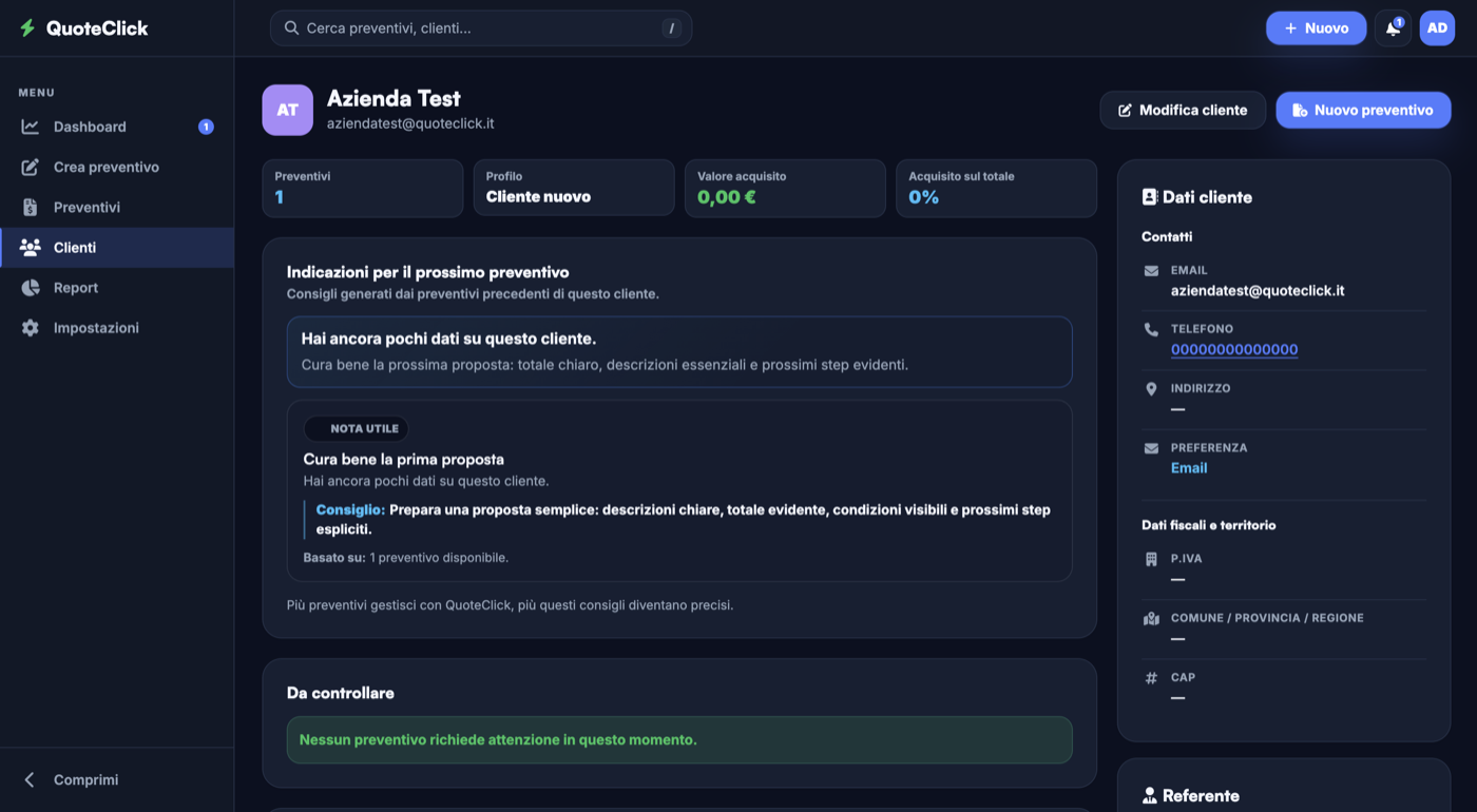 Scheda cliente QuoteClick con dati, storico preventivi, preferenze e suggerimenti operativi